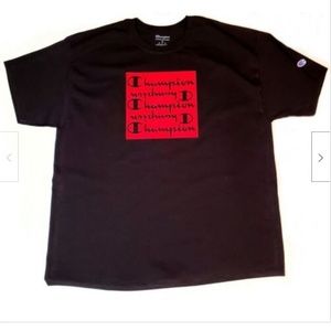 Champion Short Sleeve tee with Red Flock Script.